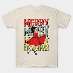 Retro Little Girl Merry Christmas T-Shirt